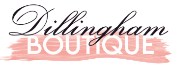 Dillingham in a cursive font with Boutique outlined in a paint brush stroke